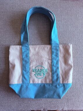 Trader Joe's mini pastel viral trending Beige and Turquoise Canvas Tote